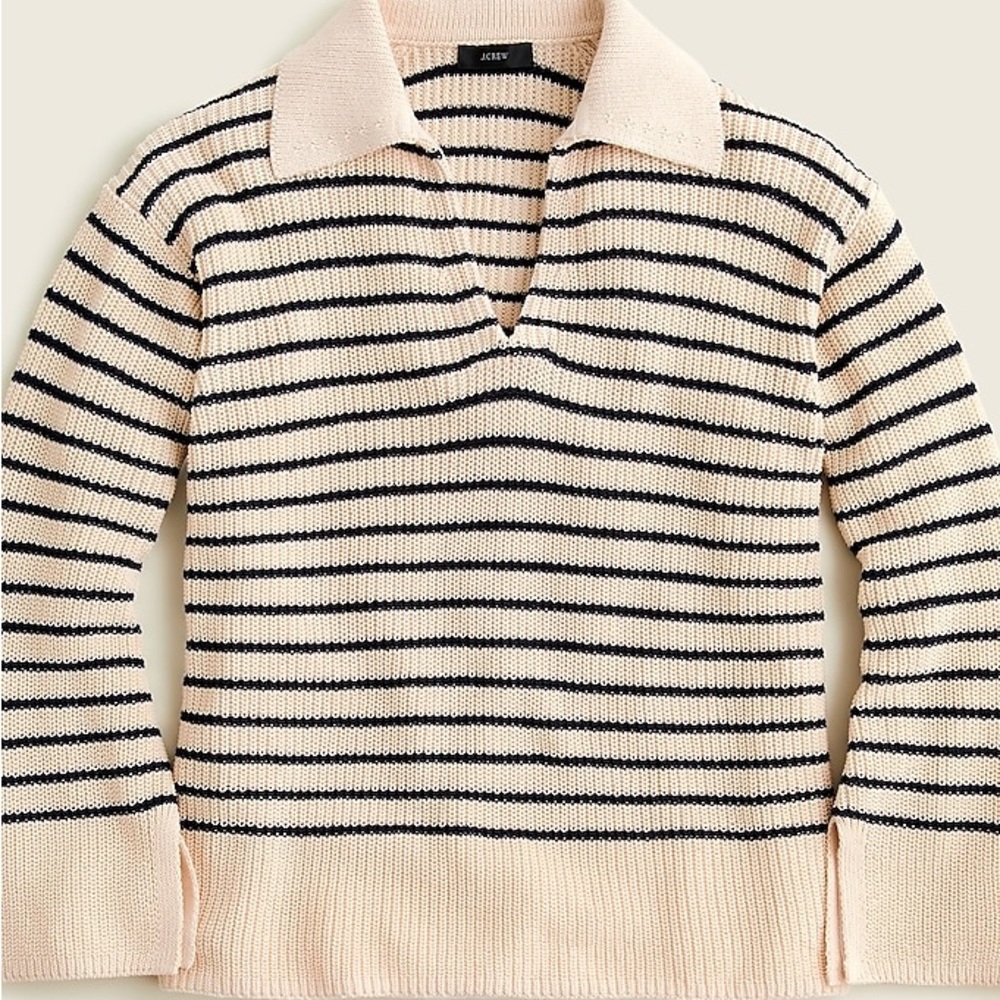 J. Crew Relaxed Collared Sweater in Stripe Ivory Navy Sz Small s EUC 100% Cotton
